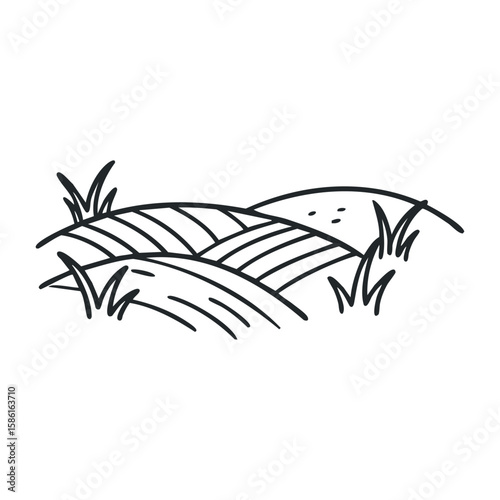 Rolling hills landscape with grass and furrows line art illustration. Hand drawn vector illustration