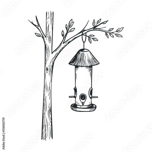 Hand-drawn bird feeder hanging from tree with leaves in black and white sketch. Hand drawn vector illustration