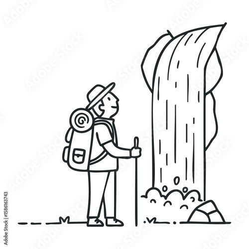 Male hiker with backpack enjoying a waterfall in nature. Hand drawn vector illustration