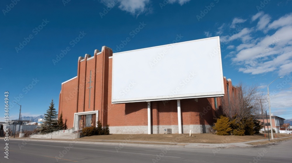 Obraz premium Large blank white billboard attached to a brick commercial building under blue sky.