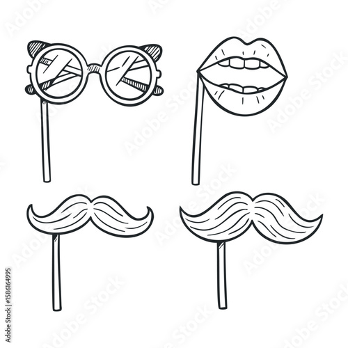 Party props: glasses, lips, moustaches for fun celebrations. Hand drawn vector illustration