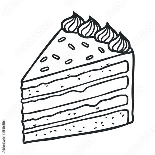 Black and white slice of layered cake with frosting and sprinkles. Hand drawn vector illustration