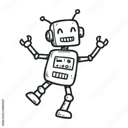 Cheerful cartoon robot sketch with antennas in playful pose. Hand drawn vector illustration
