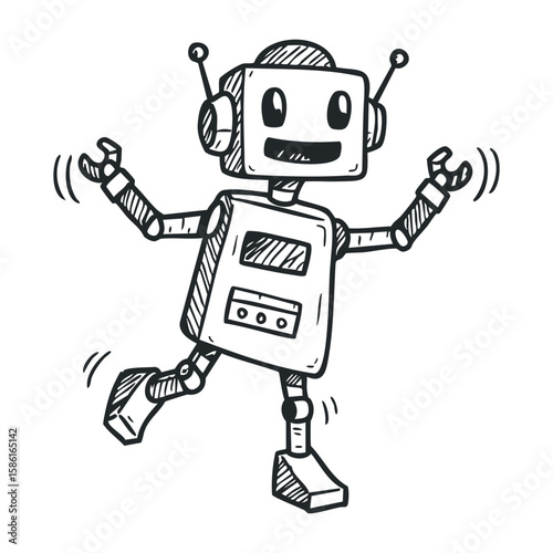 Happy cartoon robot doodle with antennas and mechanical arms. Hand drawn vector illustration