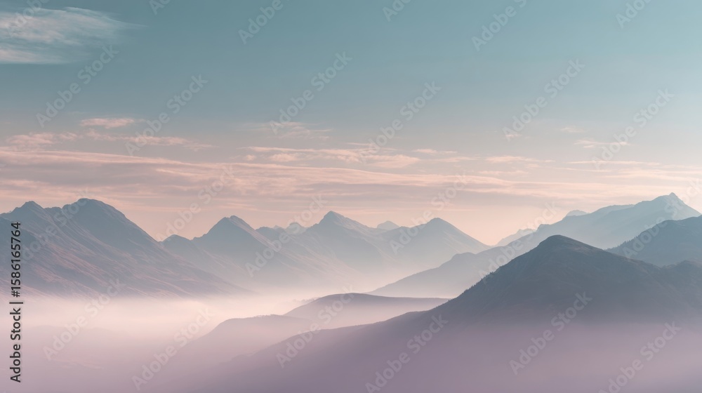 Fototapeta premium Majestic mountain landscape with layered peaks and misty valley at sunrise.