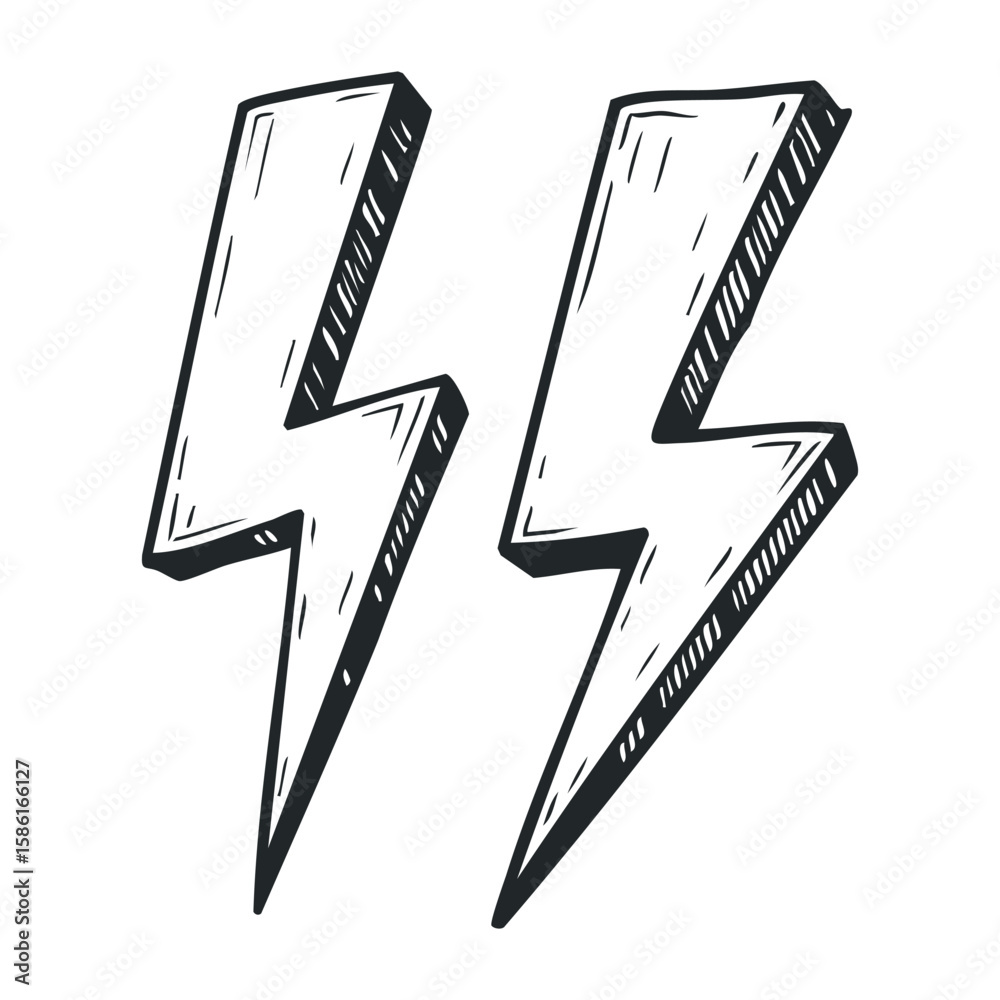 Fototapeta premium Hand-drawn lightning bolt sketch in black and white with sharp angles. Hand drawn vector illustration