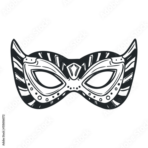 Black and white ornate masquerade mask with intricate design and zebra pattern accents. Hand drawn vector illustration