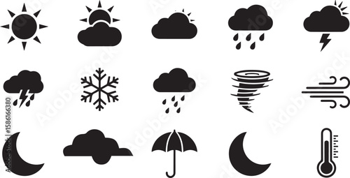 Collection of black weather icons representing various atmospheric conditions and forecasts