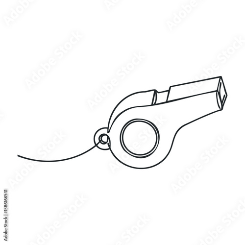 Black and white line drawing of a whistle with lanyard on white background. Outline vector illustration