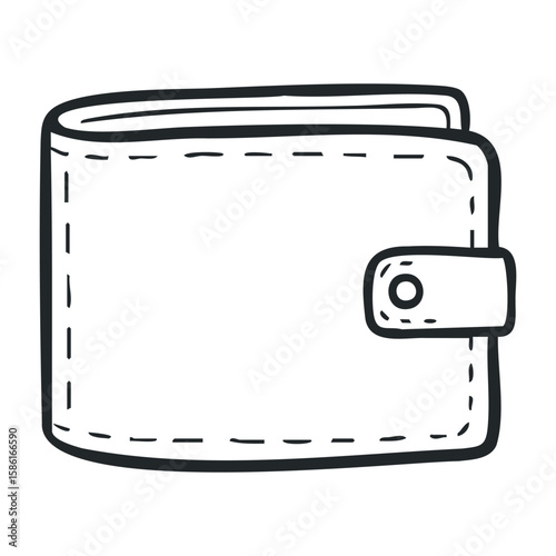 Minimalist black and white wallet illustration with button detail. Outline vector illustration