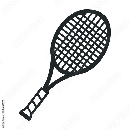 Simple black and white tennis racket icon with diagonal strings. Outline vector illustration