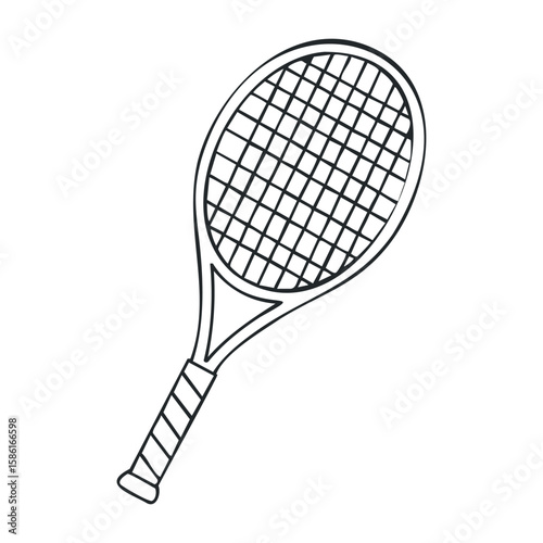 Black and white tennis racket sketch with detailed design and gripped handle. Outline vector illustration