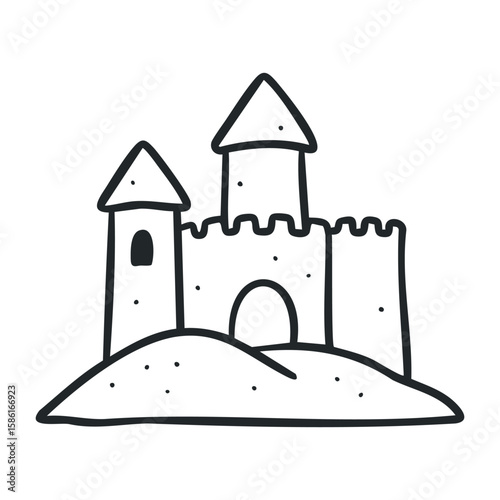 Simple black and white castle drawing with towers and arched entrance. Outline vector illustration