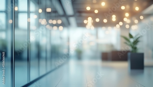 Stunning Blurred View Of A Sleek Modern Office Interior With Floor-To-Ceiling Windows And Gorgeous Lighting. No People Present.