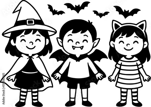 Happy Halloween Kids in Costume: Witch, Vampire, and Cat