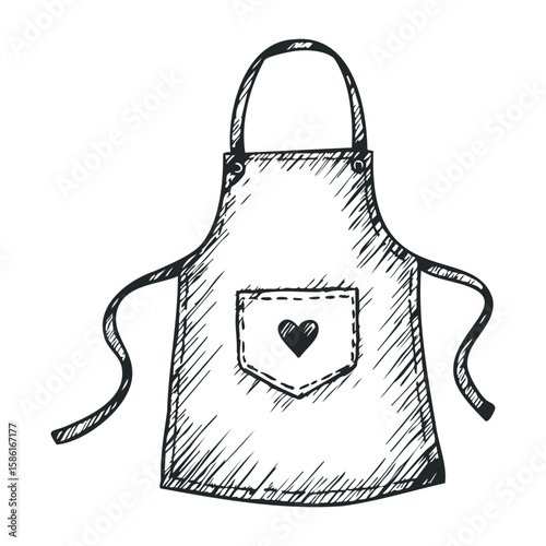 Sketch of apron with heart pocket - black and white hand-drawn kitchenware design. Hand drawn vector illustration