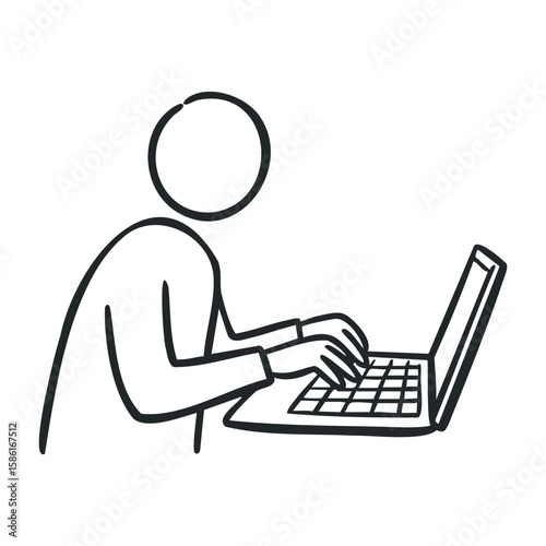 Person typing on laptop in simplistic black and white stick figure drawing. Hand drawn vector illustration