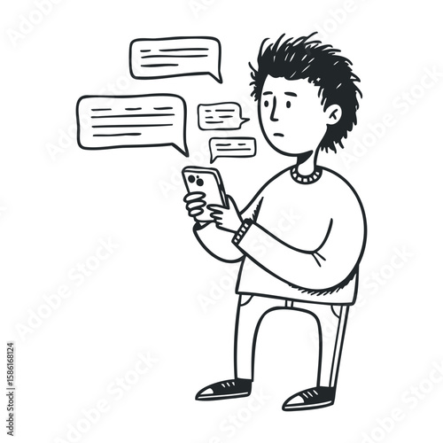 Young caucasian male teen texting on smartphone with messaging bubbles. Hand drawn vector illustration