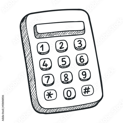 Hand-drawn black and white calculator with numeric keypad. Hand drawn vector illustration