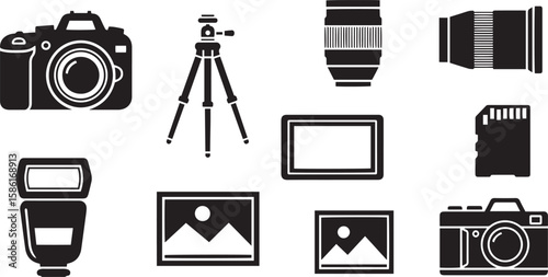 Collection of photography equipment icons including cameras lenses tripod flash memory card and photo frames