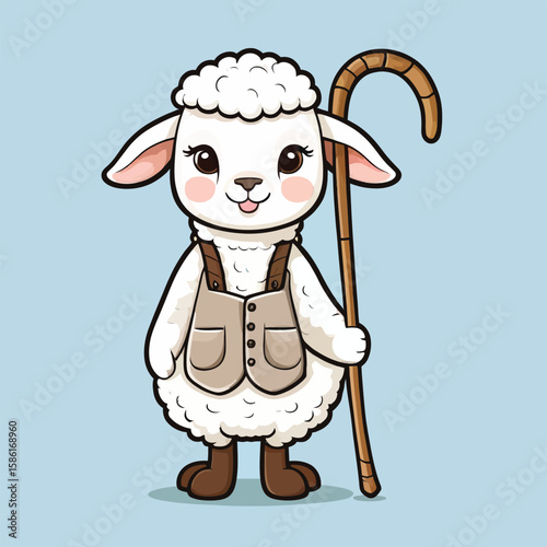 Adorable Sheep Vector Illustration: A charming cartoon sheep character with a staff, presented in a cute and whimsical style, ideal for children's books, educational resources, and decorative