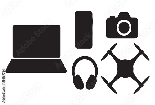 Technology Icons Collection: A visually striking collection of minimalist black icons representing modern technology, seamlessly integrated in a composition that evokes sleek modernity.