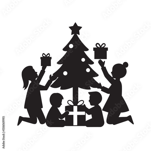 Kids Opening Wrapped Christmas Presents Silhouette Scene