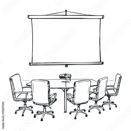 Empty conference room with projector screen and office chairs in black and white sketch style. Hand drawn vector illustration