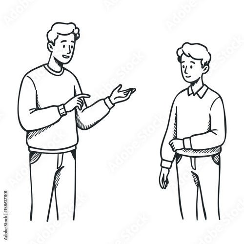 Two caucasian males having a conversation, young and adult, black and white drawing. Hand drawn vector illustration