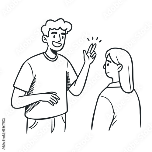 Young caucasian male and female engaging in friendly conversation line art. Hand drawn vector illustration