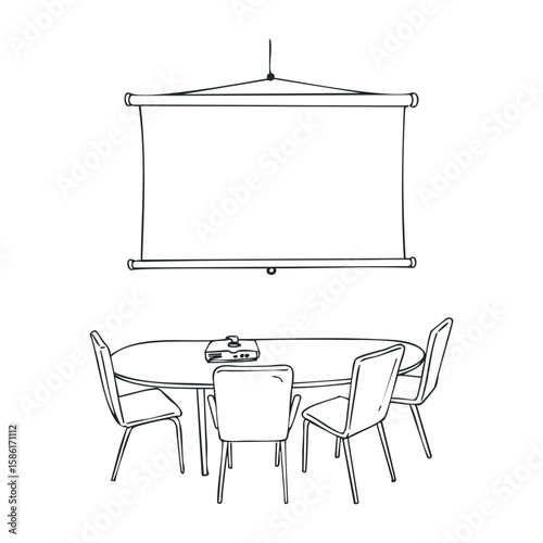 Office meeting room with projector screen and conference table setup. Hand drawn vector illustration