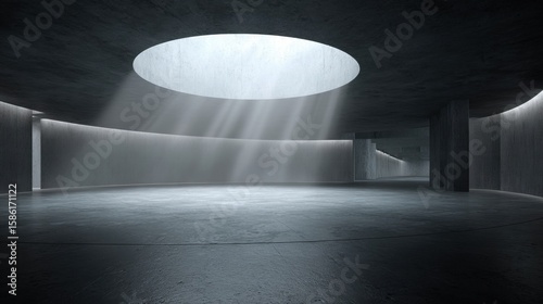 Modern futuristic interior space with large oval skylight natural light minimal design.