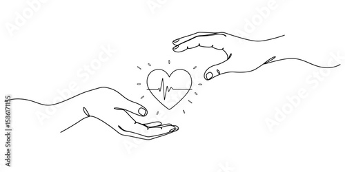 Continuous line drawing of two hands exchanging digital hearts, symbolizing an online mental health support community for posters and greeting cards.