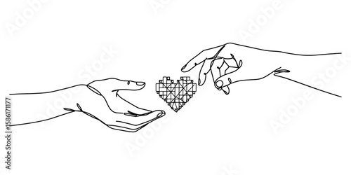 Continuous line drawing of two hands exchanging digital hearts, symbolizing an online mental health support community for posters and greeting cards.