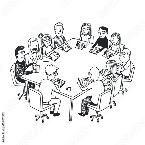 Diverse group meeting with caucasian and asian adults collaborating at a round office table. Hand drawn vector illustration