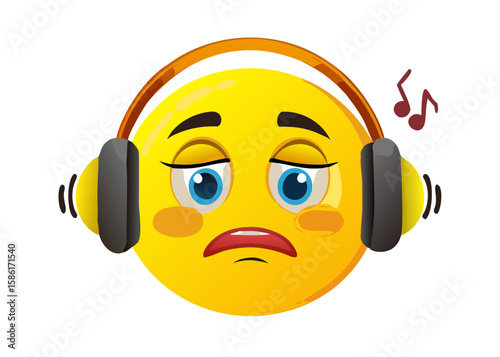 sad yellow emoji with headphones enjoying music
