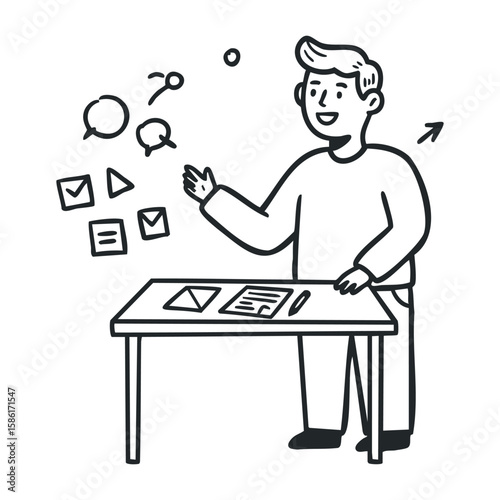 Young caucasian adult male discussing ideas with diagrams at desk. Hand drawn vector illustration
