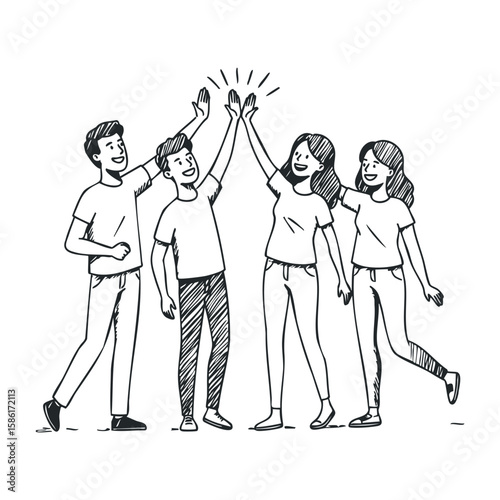 Group of young diverse friends celebrating with high fives in casual outfits. Hand drawn vector illustration