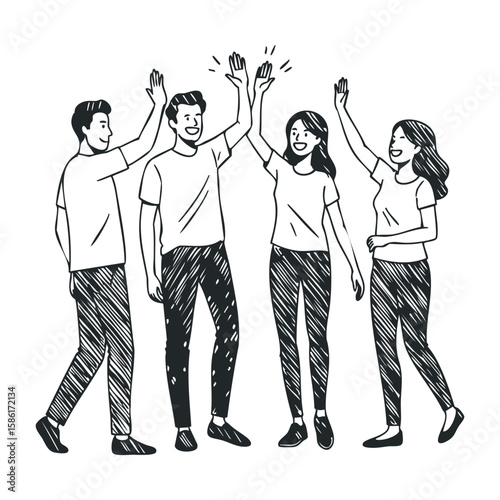 Diverse group of young adults celebrating with high fives. Hand drawn vector illustration