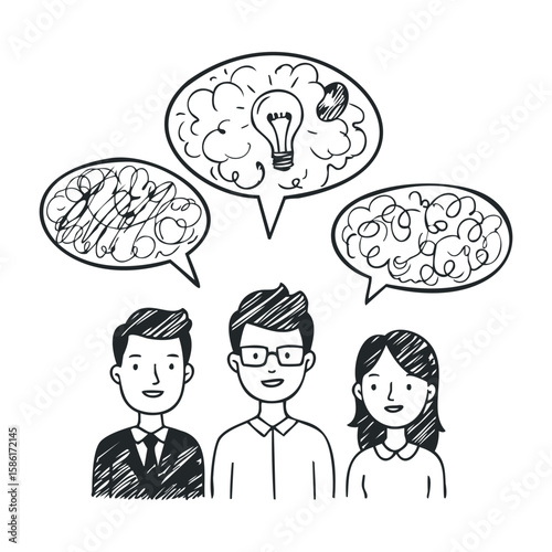 Sketch of diverse team brainstorming with thought bubbles and creative ideas. Hand drawn vector illustration