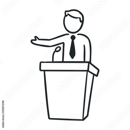 Male speaker at podium outline - young caucasian illustration with tie and microphone. Hand drawn vector illustration