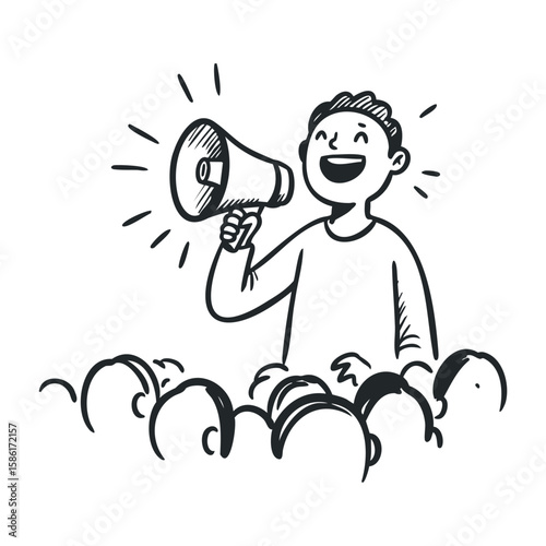 Person speaking through megaphone to crowd in black and white drawing. Hand drawn vector illustration