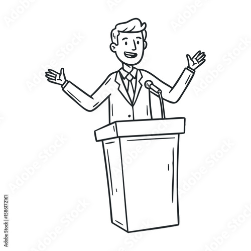 Cartoon caucasian male businessman speaking at podium with microphone. Hand drawn vector illustration