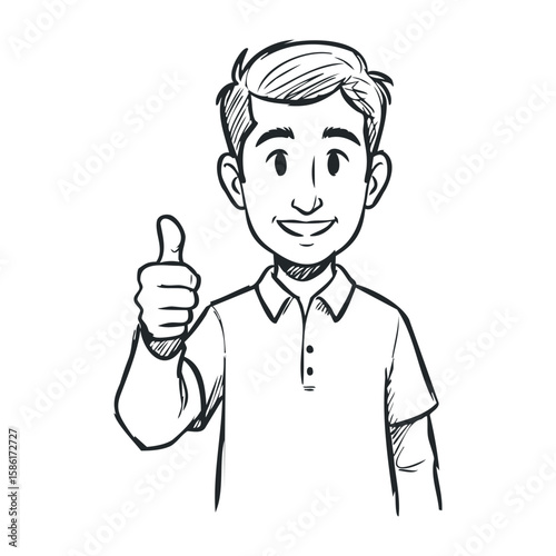 Young caucasian male cartoon character giving thumbs up in black and white drawing. Hand drawn vector illustration