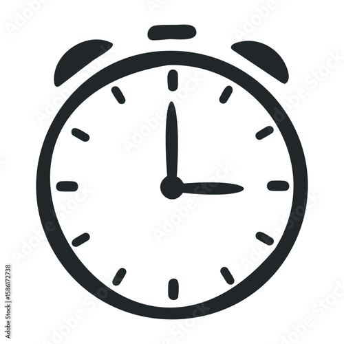 Classic black and white alarm clock icon with bell and hands indicating three o'clock. Hand drawn vector illustration