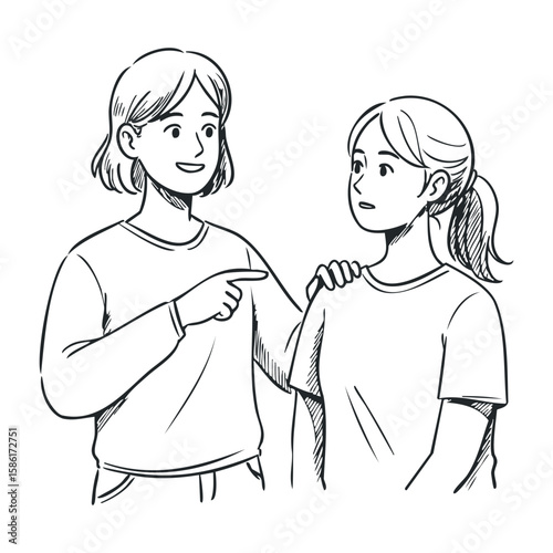 Conversation between young asian females: friendship and support illustrated. Hand drawn vector illustration