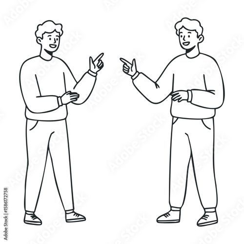 Identical twin caucasian male teens in casual outfits engaging in conversation. Hand drawn vector illustration