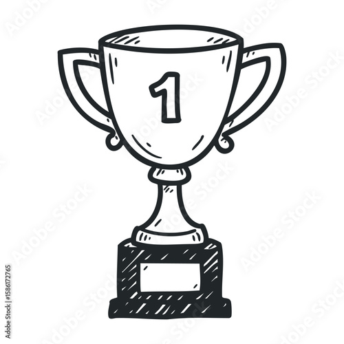 Hand-drawn trophy sketch with number one on base. Hand drawn vector illustration