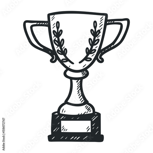 Simple black and white drawing of a trophy cup with leaf detail. Hand drawn vector illustration