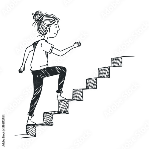 Woman climbing stairs in determined gesture with simple line art style. Hand drawn vector illustration
